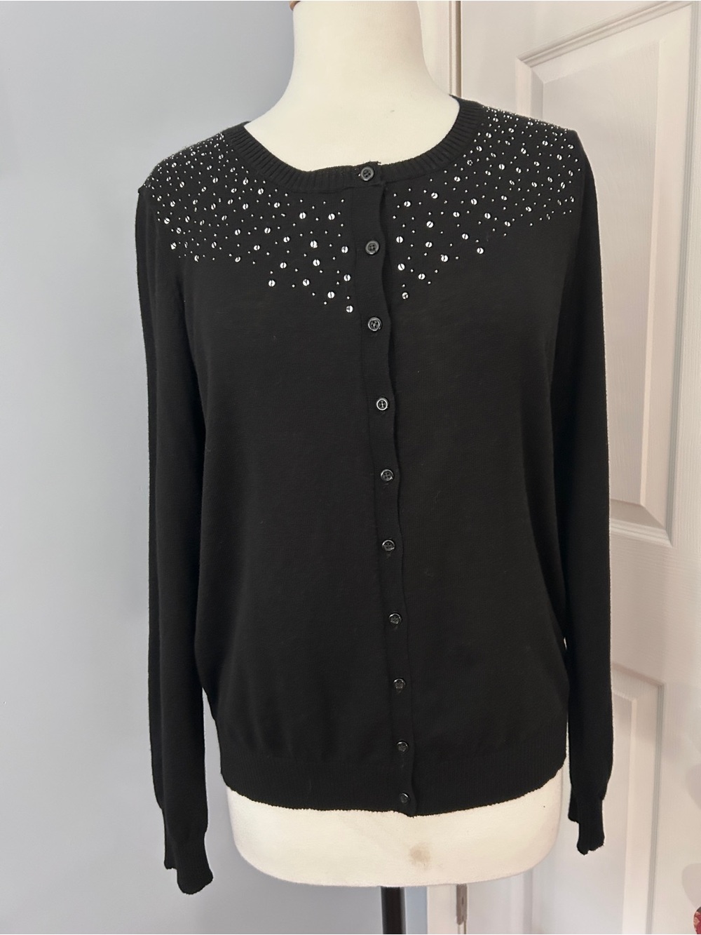 Central Park West Black Embellished Button-Front Cardigan
